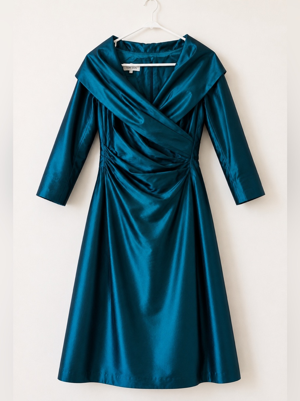 Teri Jon Girls' Teal Satin Fit-and-Flare Dress with Wide Collar